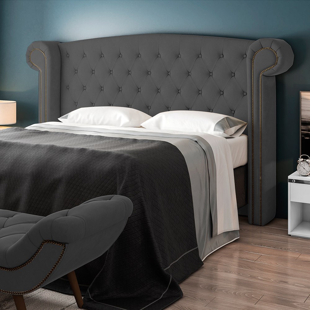Cabeceira Cama Box Casal King 195cm Provença com Calçadeira Vêneto Z37 Veludo Chumbo - Mpozenato