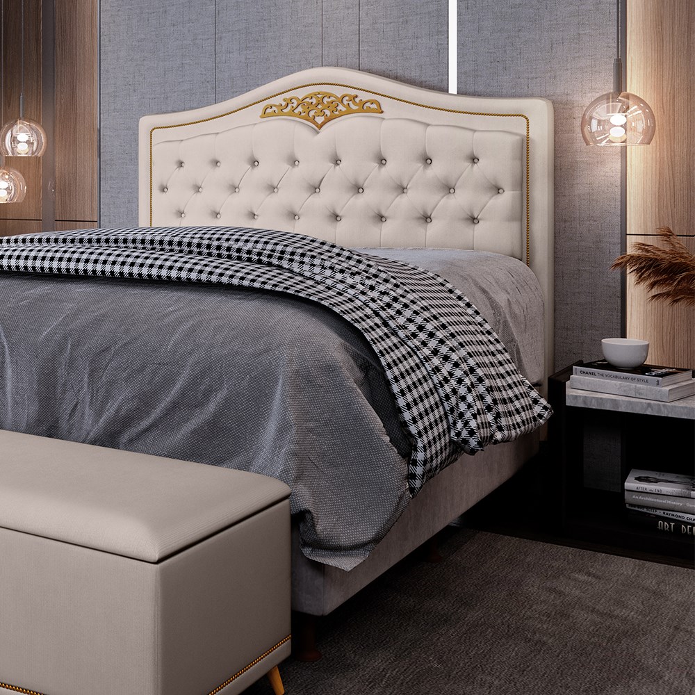 Cabeceira Cama Box Casal King 195cm com Tachas Imperial Veludo J02 Bege - Mpozenato