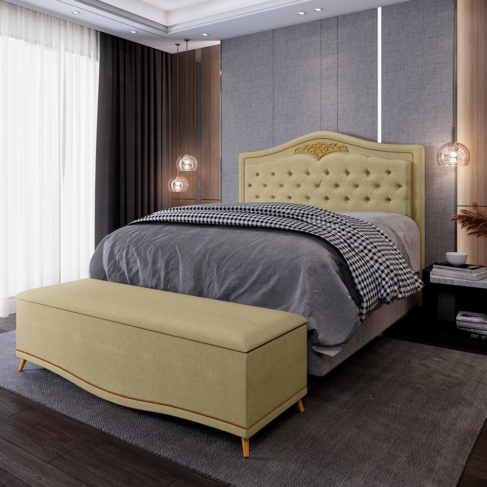 Cabeceira Cama Box Casal Queen 160cm Com Calçadeira Baú Imperial J02 Linho Areia - Mpozenato