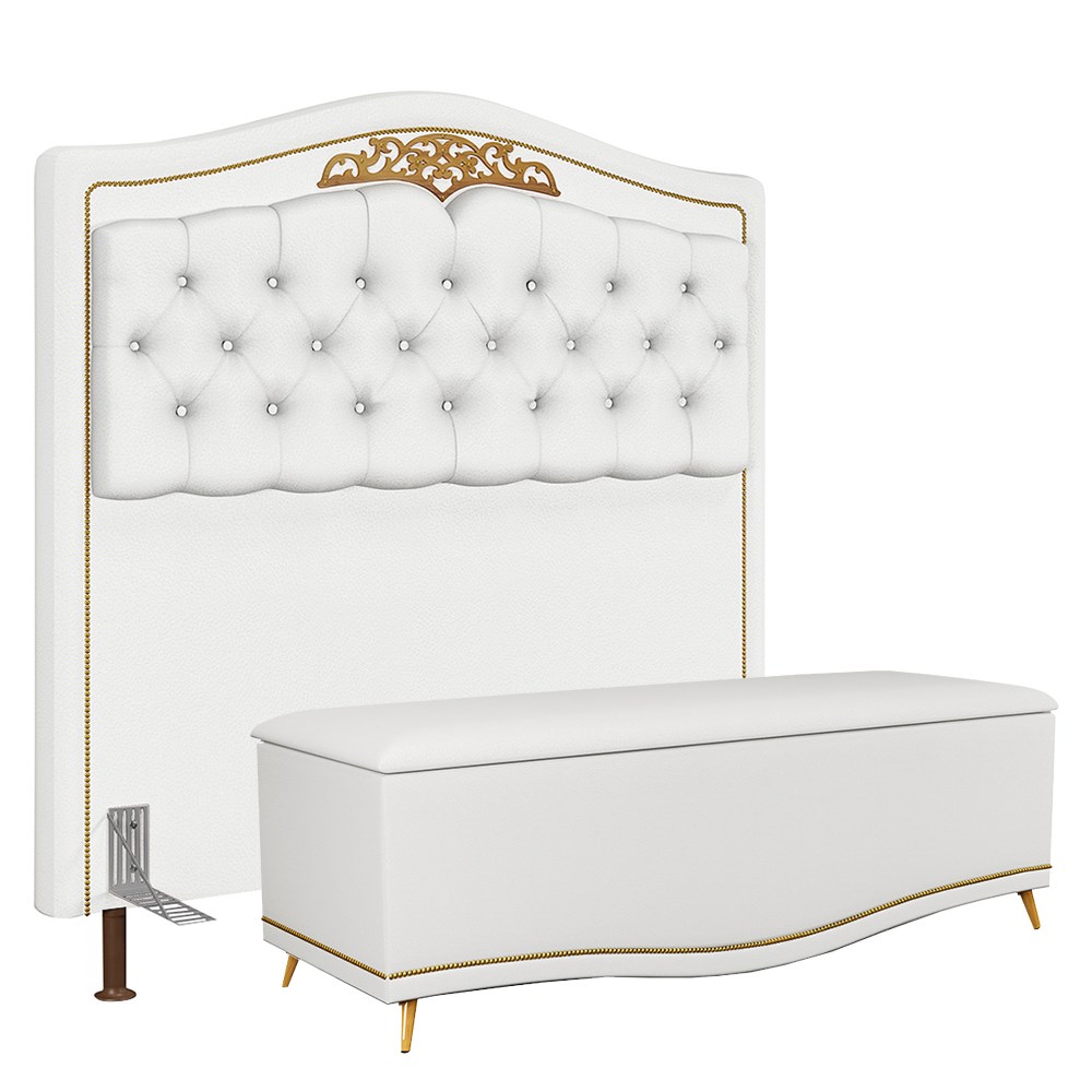 Cabeceira Cama Box Casal Queen 160cm Com Calçadeira Baú Imperial J02 Sintético Branco - Mpozenato