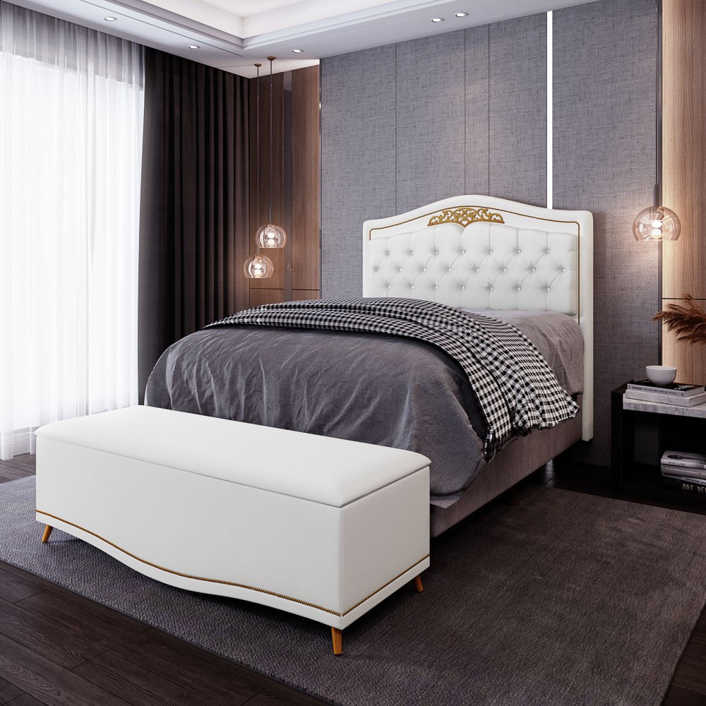 Cabeceira Cama Box Casal Queen 160cm Com Calçadeira Baú Imperial J02 Sintético Branco - Mpozenato
