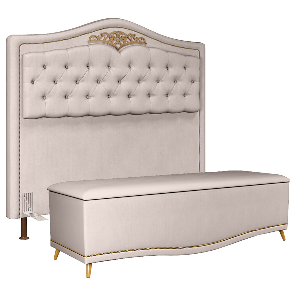 Cabeceira Cama Box Casal Queen 160cm Com Calçadeira Baú Imperial Veludo J02 Bege - Mpozenato