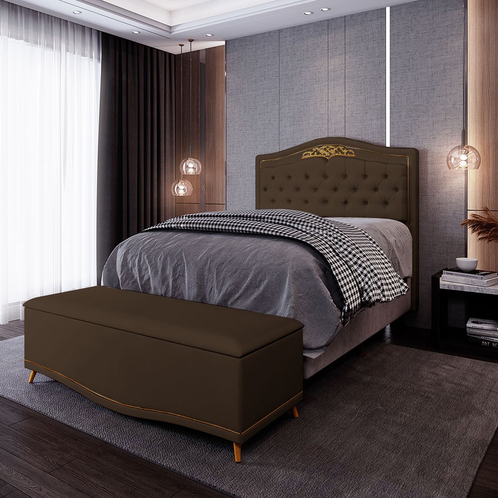 Cabeceira Cama Box Casal Queen 160cm Com Calçadeira Baú Imperial Veludo J02 Chocolate - Mpozenato