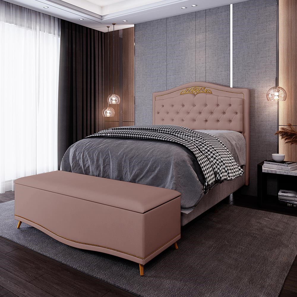 Cabeceira Cama Box Casal Queen 160cm Com Calçadeira Baú Imperial Veludo J02 Rosê - Mpozenato