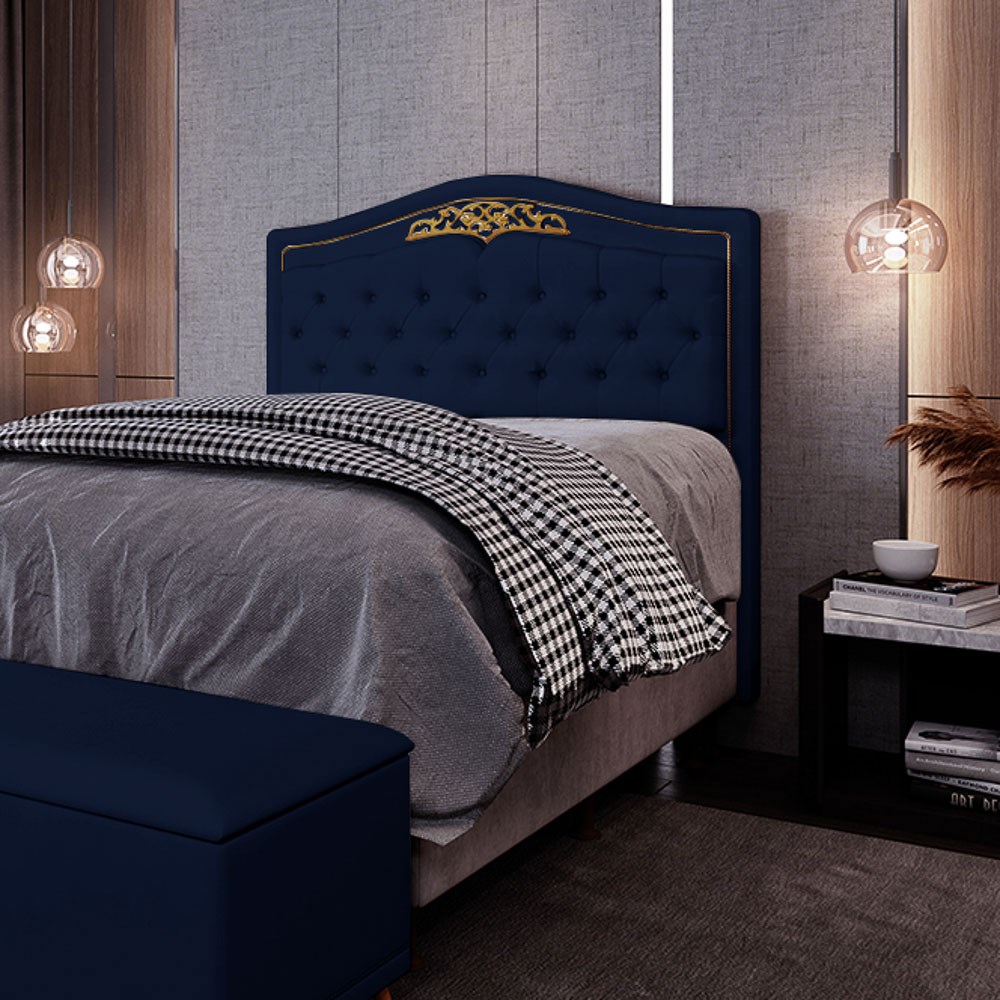 Cabeceira Cama Box Casal Queen 160cm com Tachas Imperial Veludo J02 Azul - Mpozenato