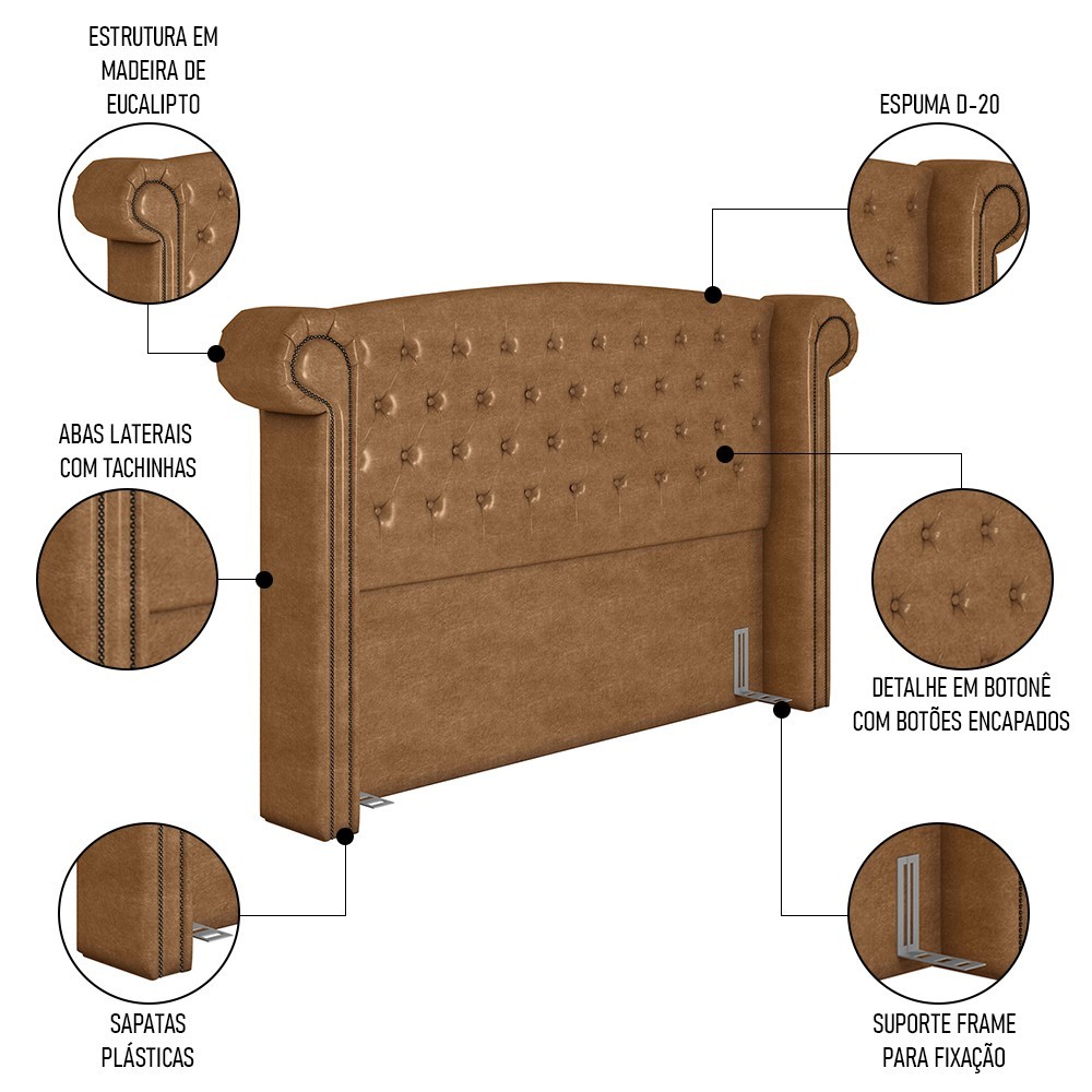 Cabeceira Cama Box King 195cm Provença e Recamier Veneto P02 Sintético Caramelo - Mpozenato