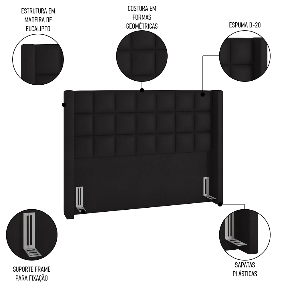 Cabeceira Cama Box Queen 160cm Pisa e Recamier Neville P02 Sintético Preto - Mpozenato