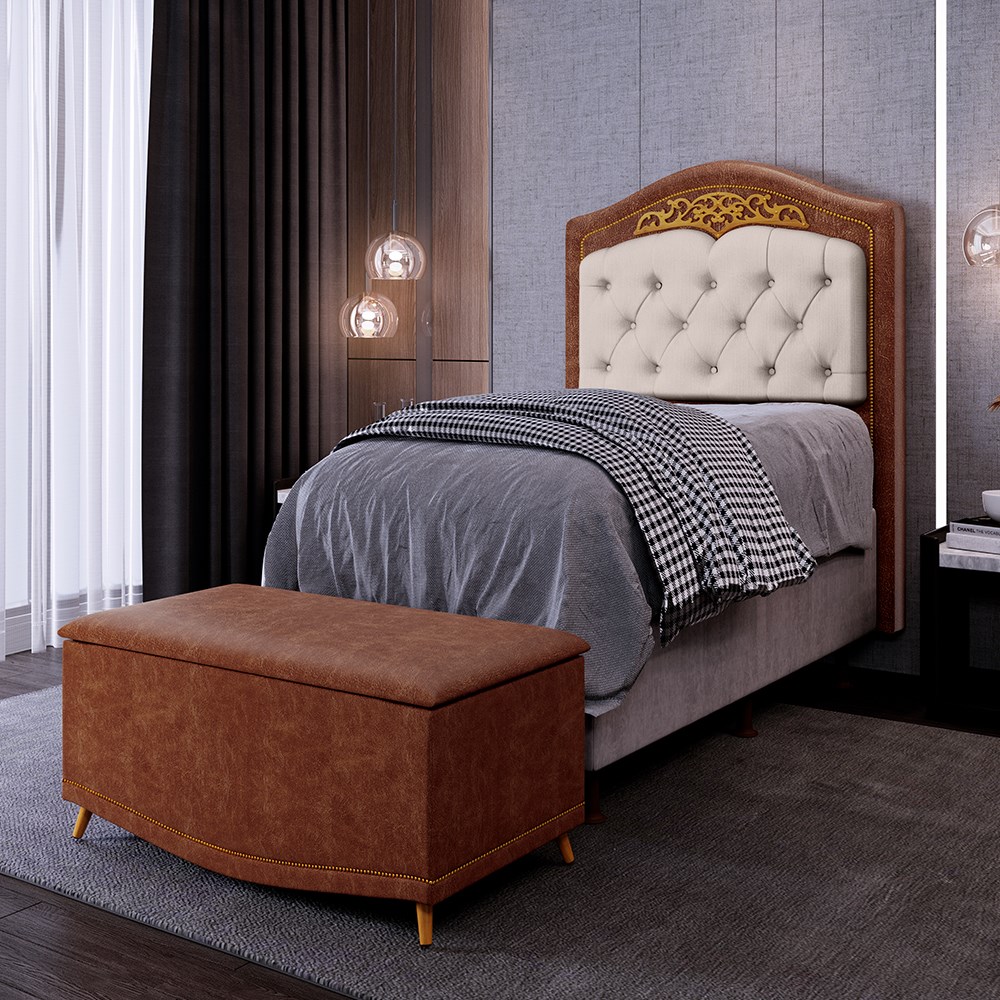 Cabeceira Cama Box Solteiro 90cm Com Calçadeira Baú Imperial J02 Facto Marrom/Bege - Mpozenato