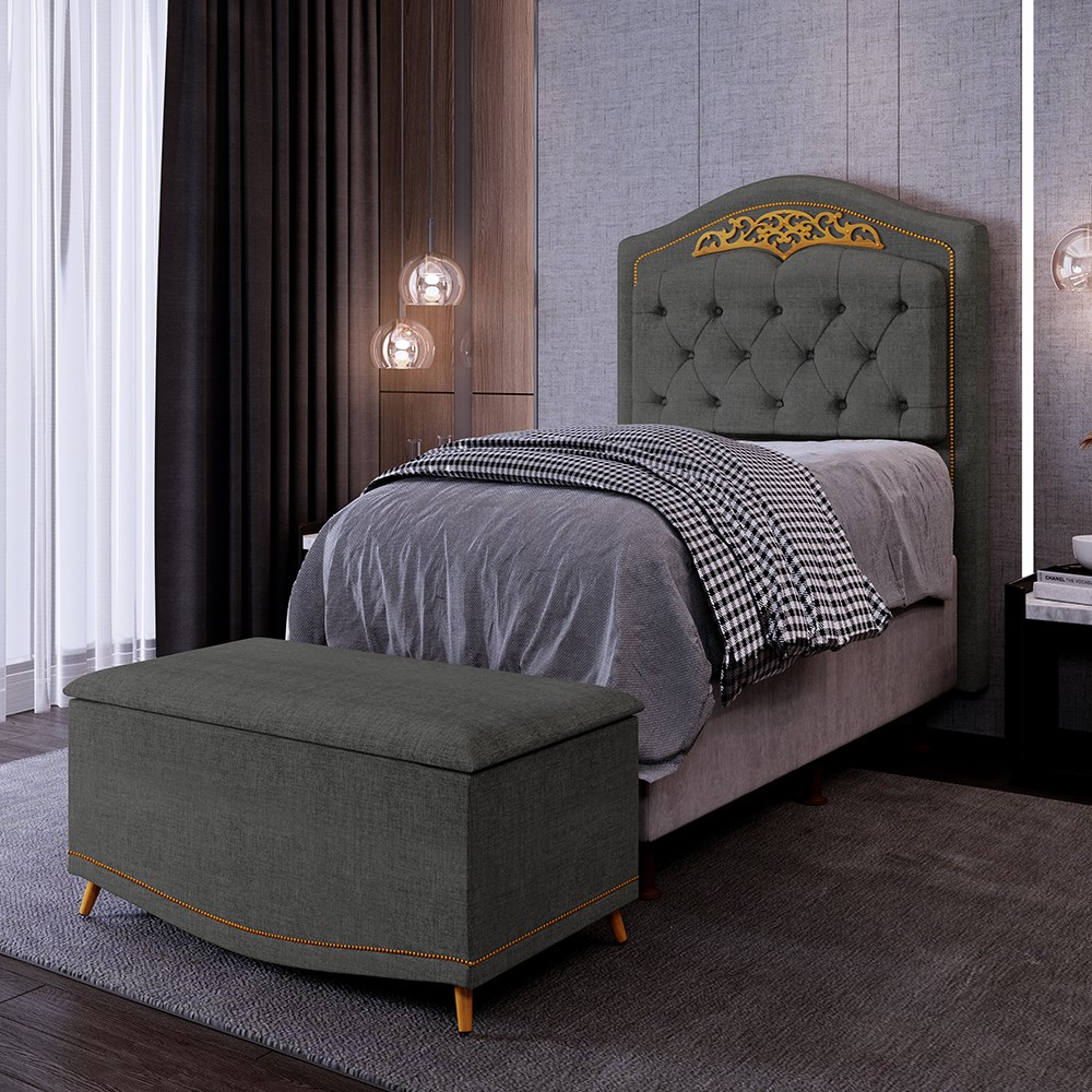 Cabeceira Cama Box Solteiro 90cm Com Calçadeira Baú Imperial J02 Linho Grafite - Mpozenato
