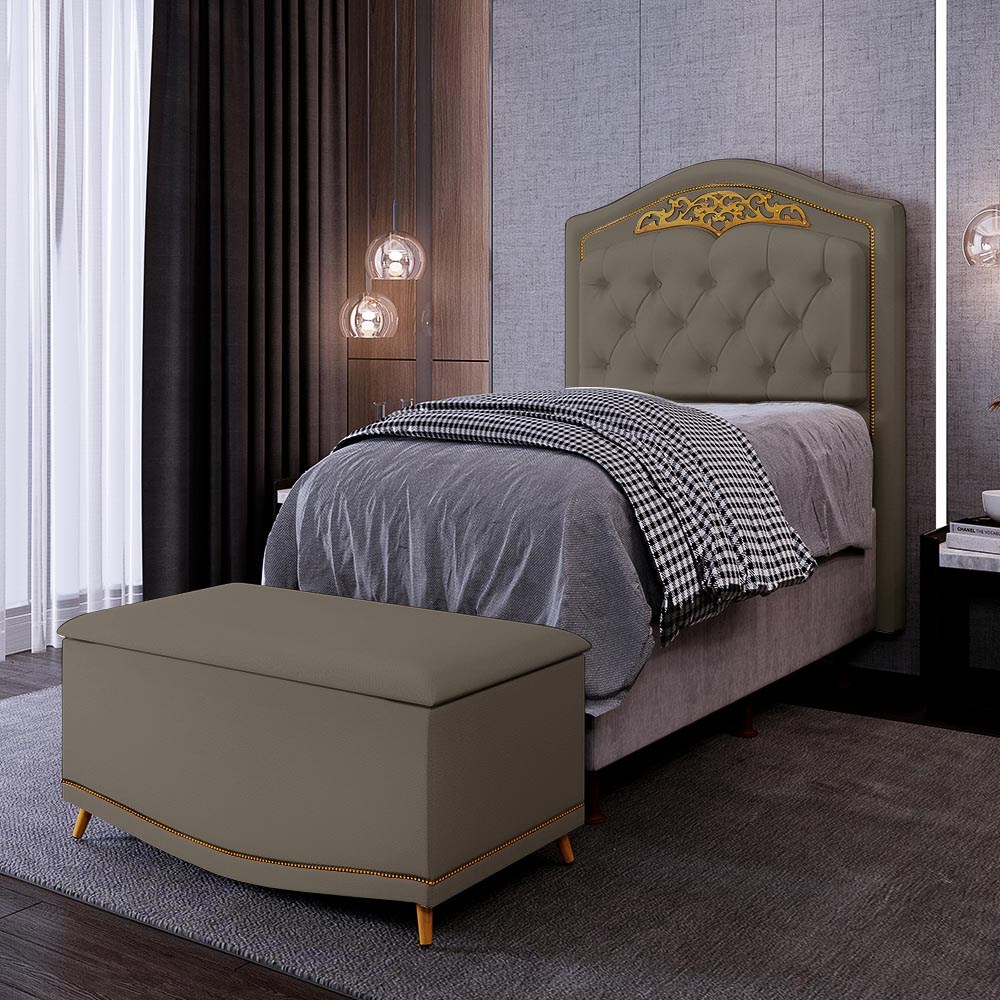 Cabeceira Cama Box Solteiro 90cm Com Calçadeira Baú Imperial J02 Sintético Areia - Mpozenato