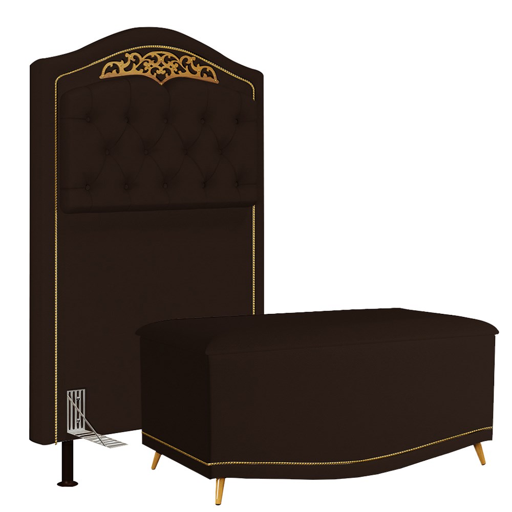 Cabeceira Cama Box Solteiro 90cm Com Calçadeira Baú Imperial J02 Sintético Marrom Escuro - Mpozenato