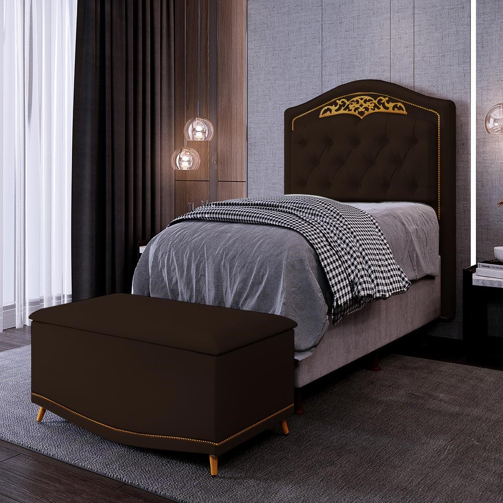 Cabeceira Cama Box Solteiro 90cm Com Calçadeira Baú Imperial J02 Sintético Marrom Escuro - Mpozenato