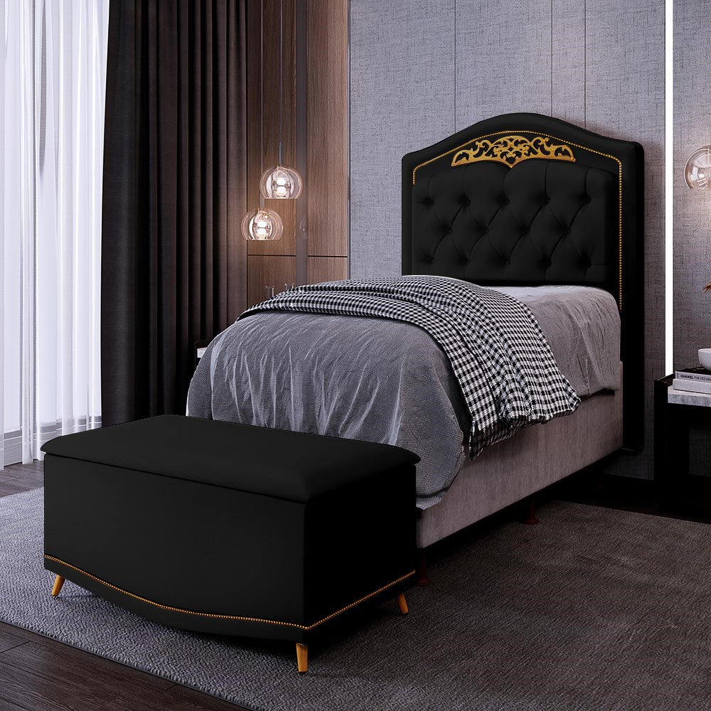Cabeceira Cama Box Solteiro 90cm Com Calçadeira Baú Imperial J02 Sintético Preto - Mpozenato