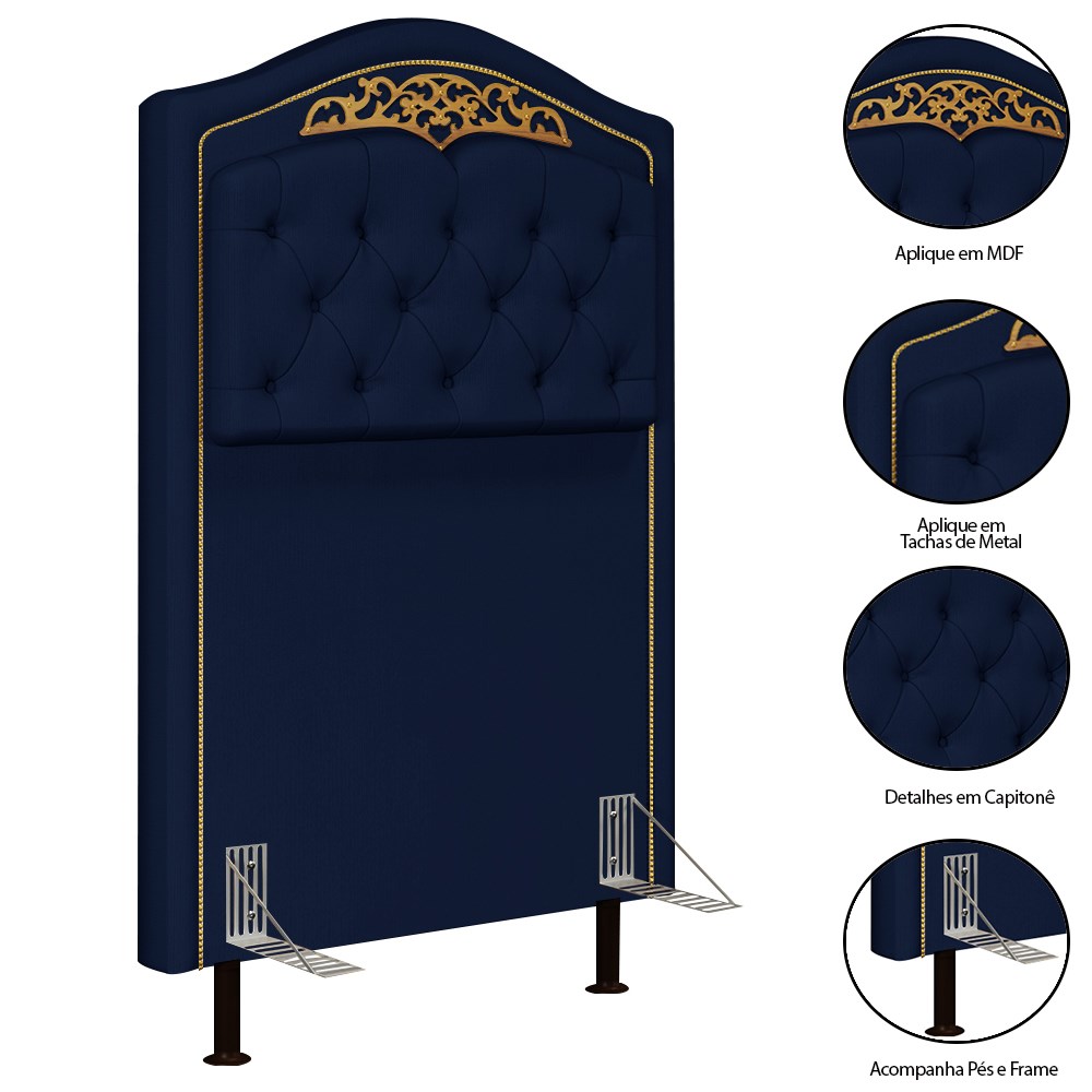 Cabeceira Cama Box Solteiro 90cm Com Calçadeira Baú Imperial J02 Veludo Azul - Mpozenato
