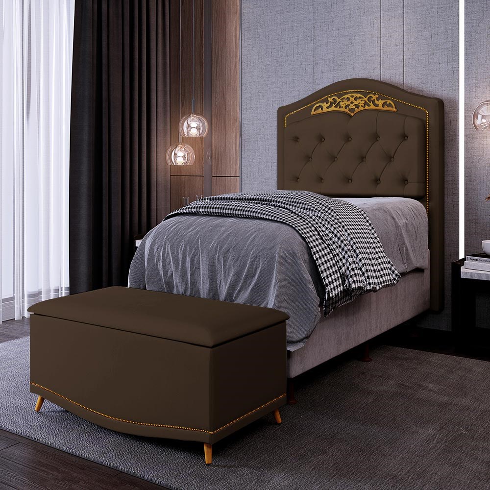 Cabeceira Cama Box Solteiro 90cm Com Calçadeira Baú Imperial J02 Veludo Chocolate - Mpozenato
