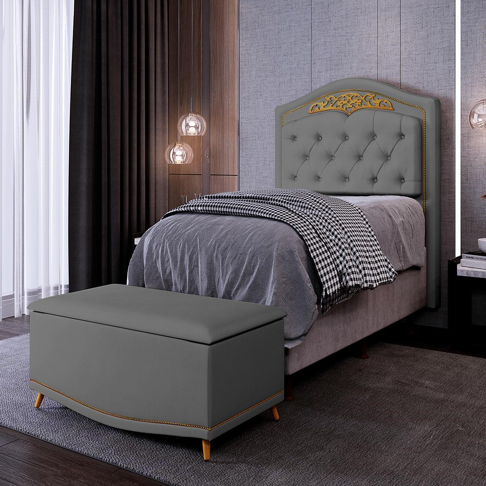 Cabeceira Cama Box Solteiro 90cm Com Calçadeira Baú Imperial J02 Veludo Cinza - Mpozenato