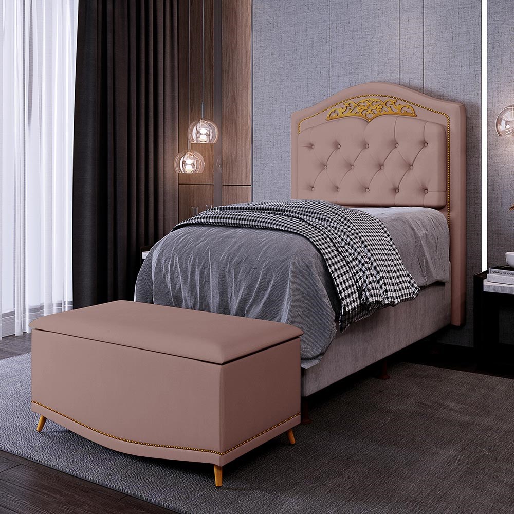 Cabeceira Cama Box Solteiro 90cm Com Calçadeira Baú Imperial J02 Veludo Rosê - Mpozenato