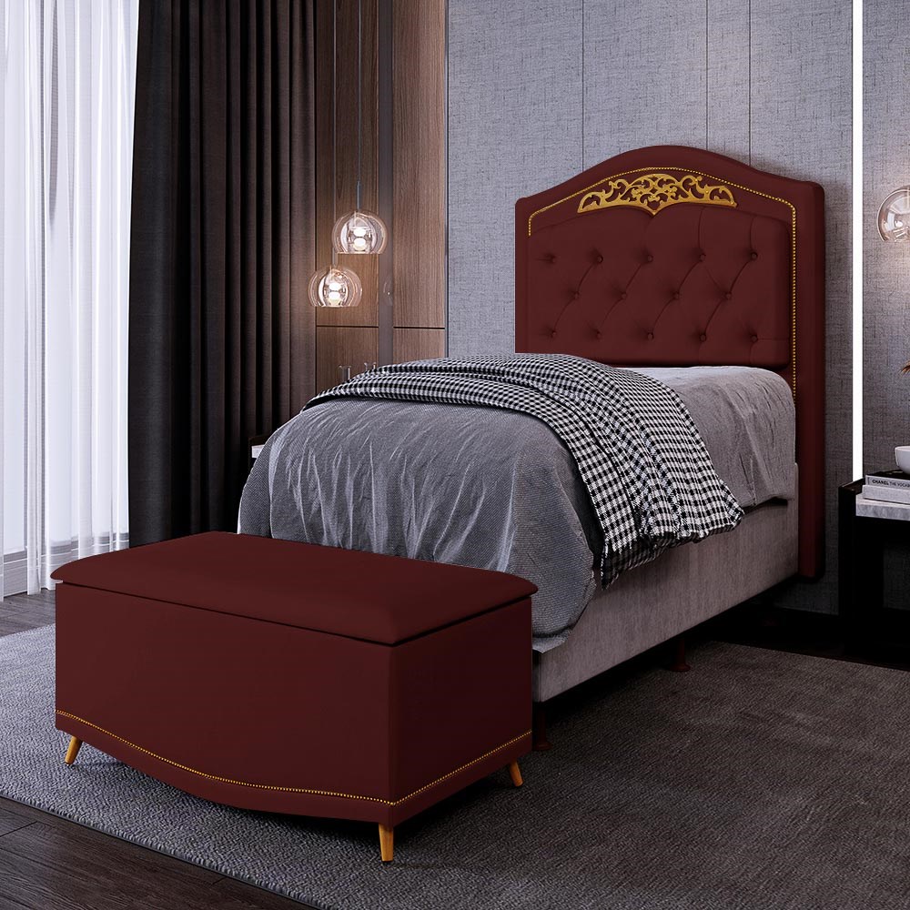 Cabeceira Cama Box Solteiro 90cm Com Calçadeira Baú Imperial J02 Veludo Vinho - Mpozenato