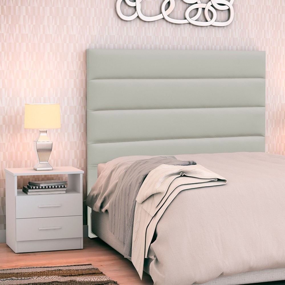 Cabeceira Cama Box Solteiro 90cm Greta Corano Bege e 1 Mesa de Cabeceira Flex DM1 Branco - Mpozenato