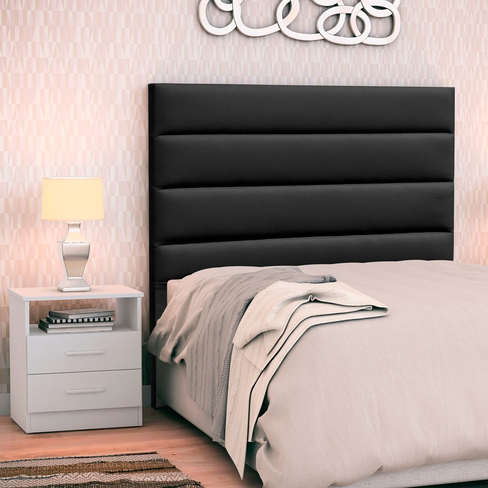 Cabeceira Cama Box Solteiro 90cm Greta Corano Preto e 1 Mesa de Cabeceira Flex DM1 Branco - Mpozenato
