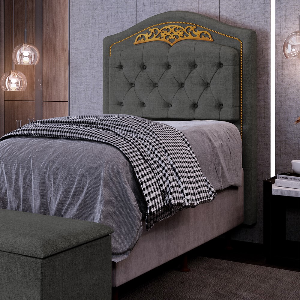 Cabeceira Cama Box Solteiro 90cm com Tachas Imperial J02 Linho Grafite - Mpozenato