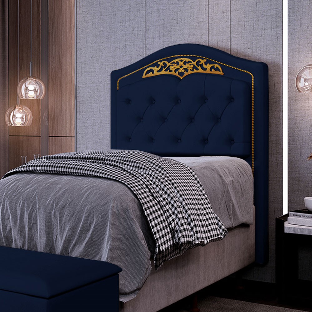 Cabeceira Cama Box Solteiro 90cm com Tachas Imperial Veludo J02 Azul - Mpozenato