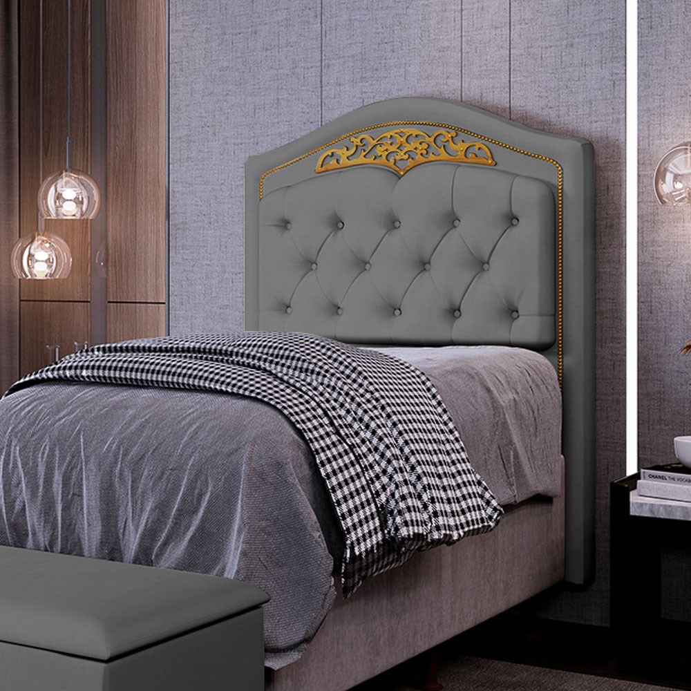 Cabeceira Cama Box Solteiro 90cm com Tachas Imperial Veludo J02 Cinza - Mpozenato