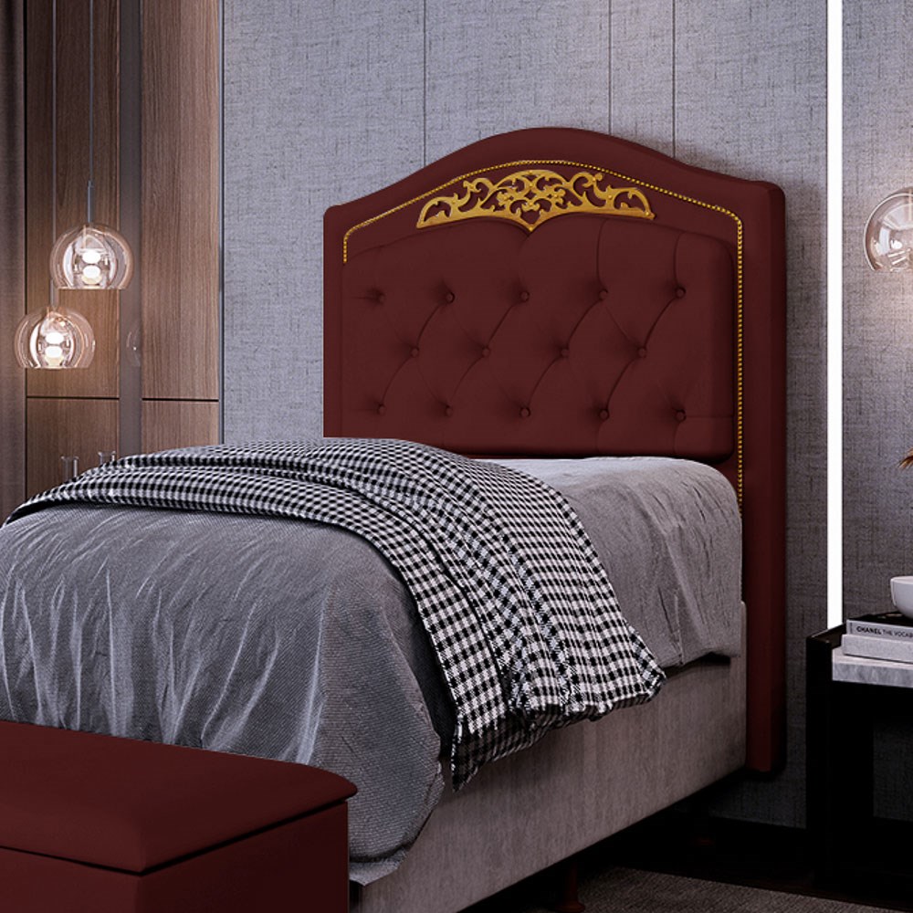 Cabeceira Cama Box Solteiro 90cm com Tachas Imperial Veludo J02 Vinho - Mpozenato