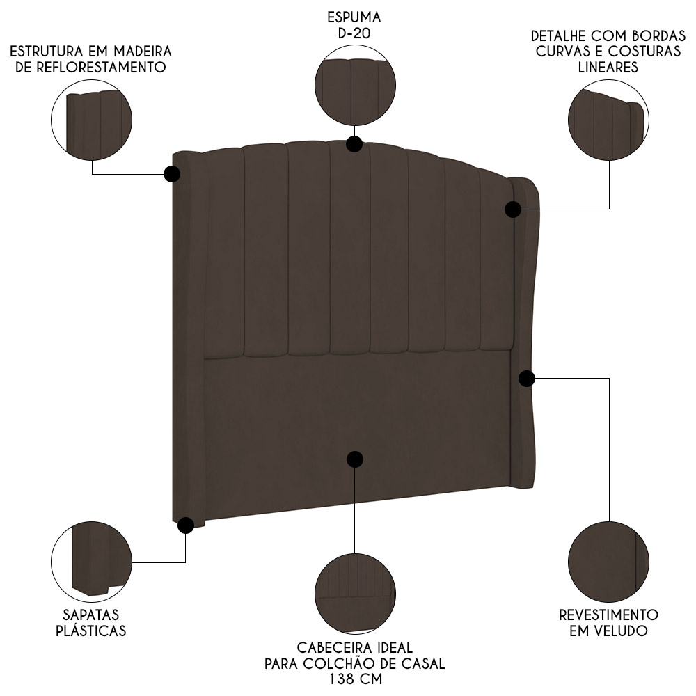 Cabeceira Casal Cama Box 140cm Glenda Z04 Veludo Marrom - Mpozenato