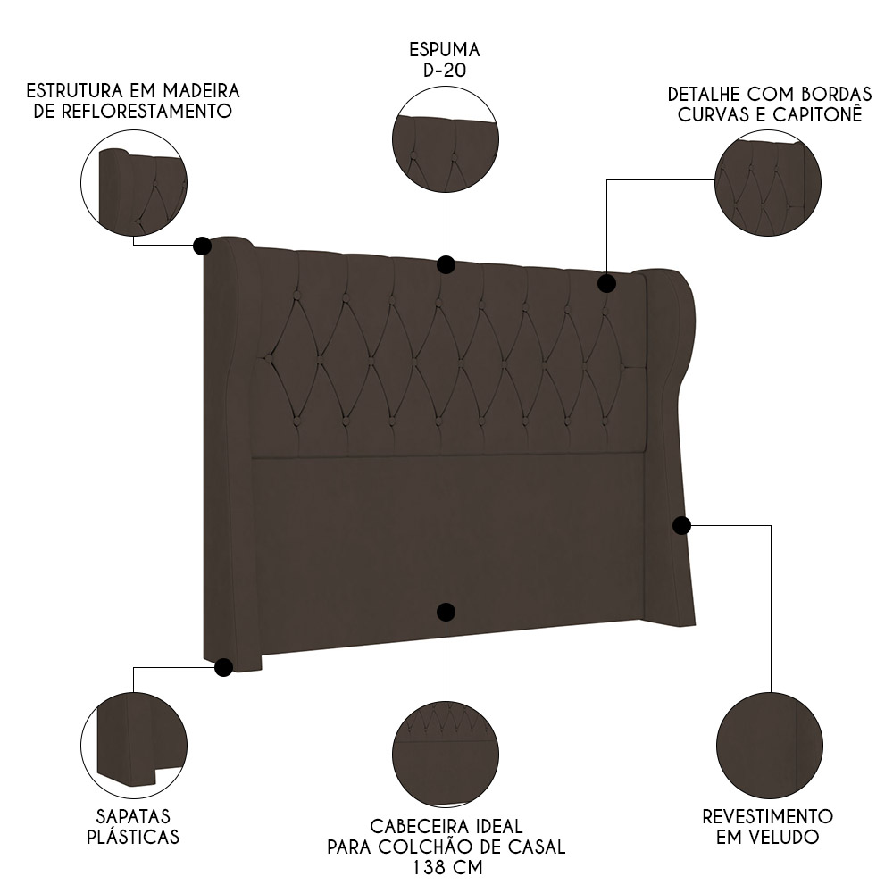 Cabeceira Casal Cama Box 140cm Malva Z04 Veludo Marrom - Mpozenato