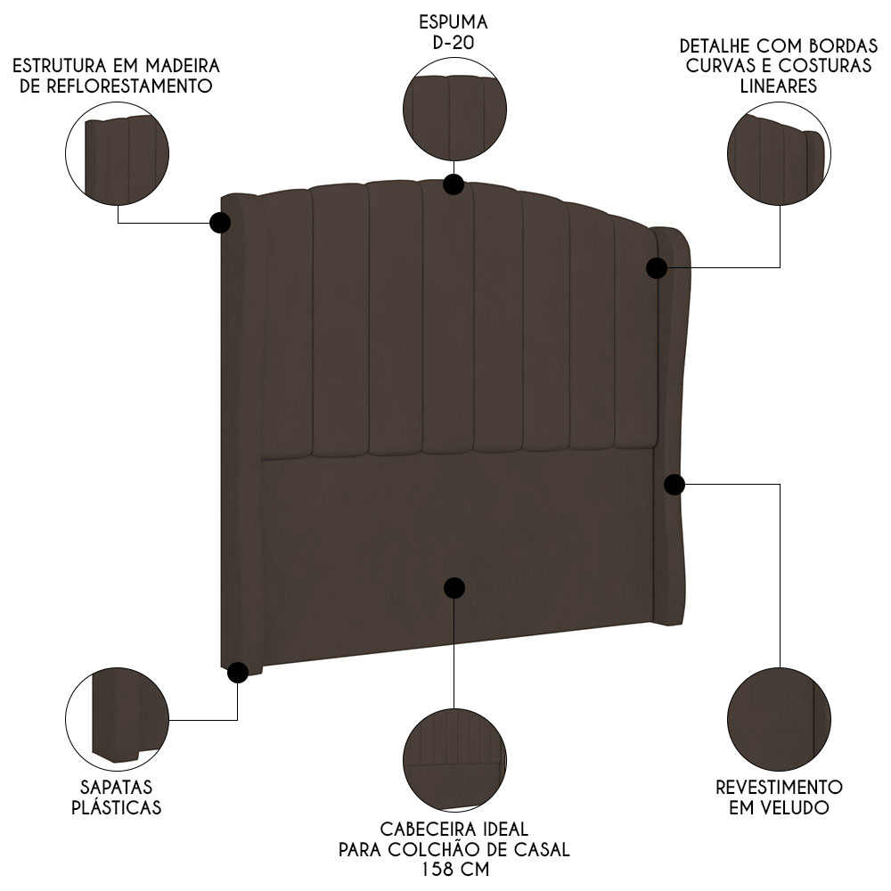 Cabeceira Casal Queen Cama Box 160cm Glenda Z04 Veludo Marrom - Mpozenato
