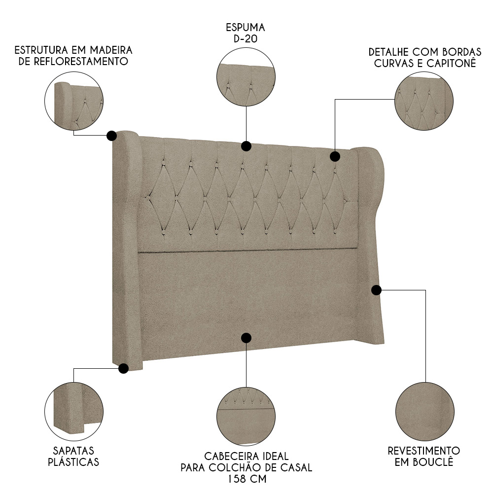Cabeceira Casal Queen Cama Box 160cm Malva Z04 Boucle Capuccino - Mpozenato