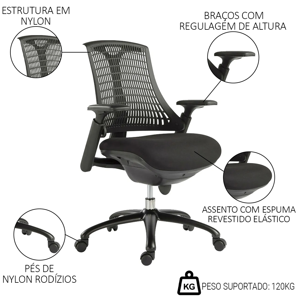 Cadeira de Escritório Diretor Giratória com Regulagem Dori R02 Sintético Preto - Mpozenato