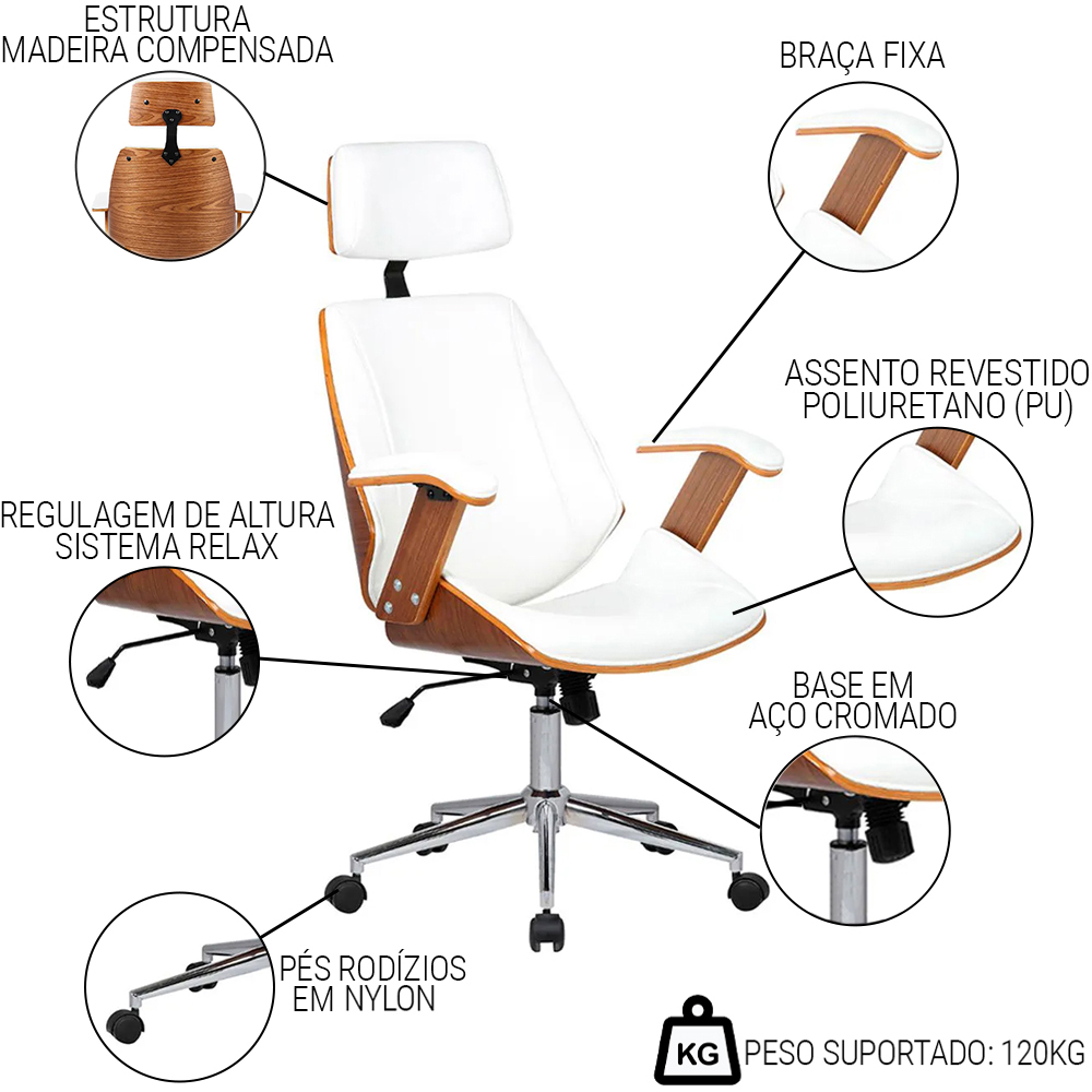 Cadeira de Escritório Presidente Giratória Madeira Liziê R02 Sintético Branco - Mpozenato