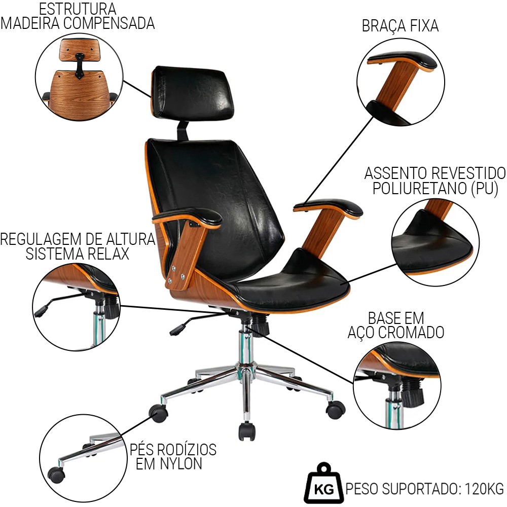 Cadeira de Escritório Presidente Giratória Madeira Liziê R02 Sintético Preto - Mpozenato