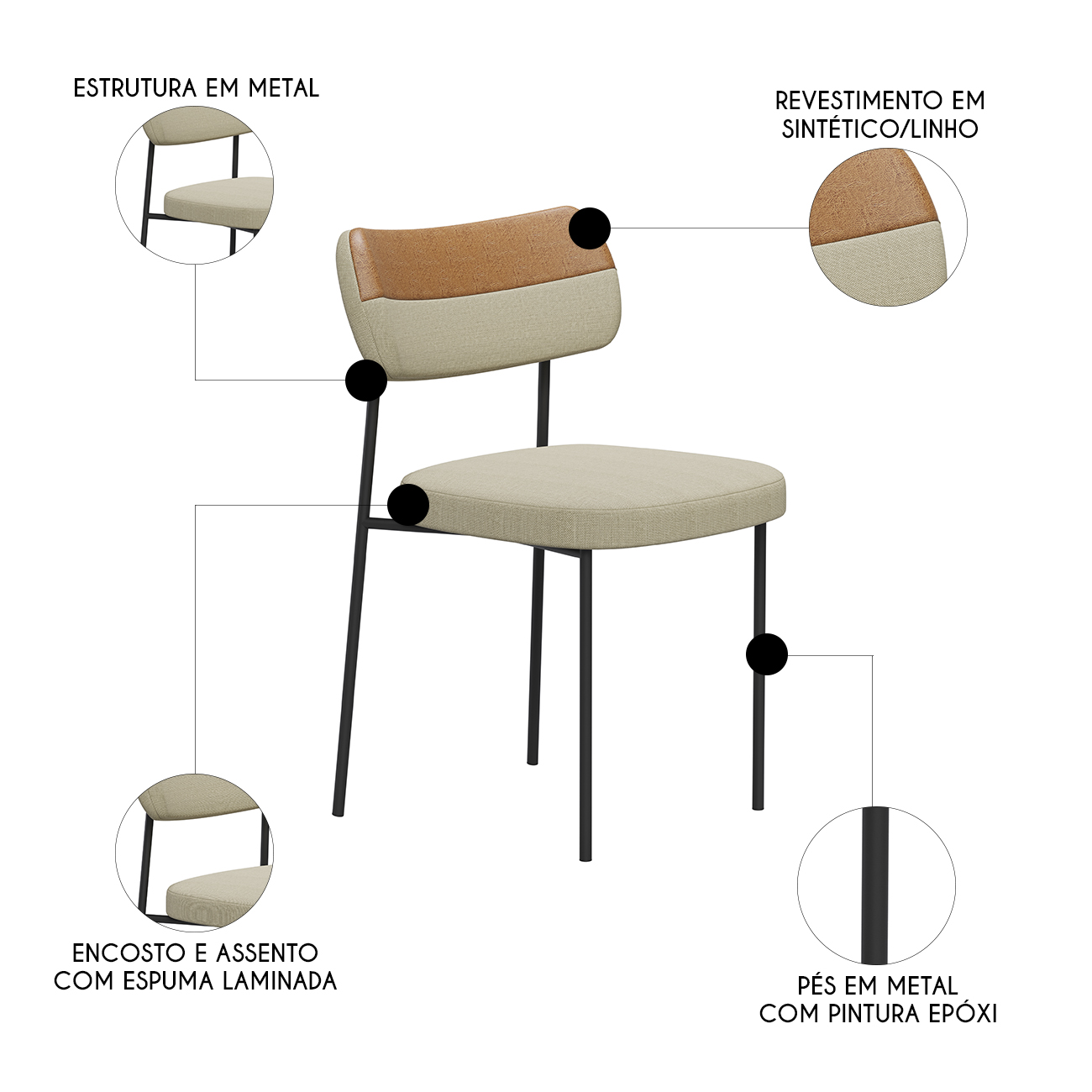 Cadeira de Jantar Estofada Kit 2 Milli A14 Linho Caramelo/Areia - Mpozenato