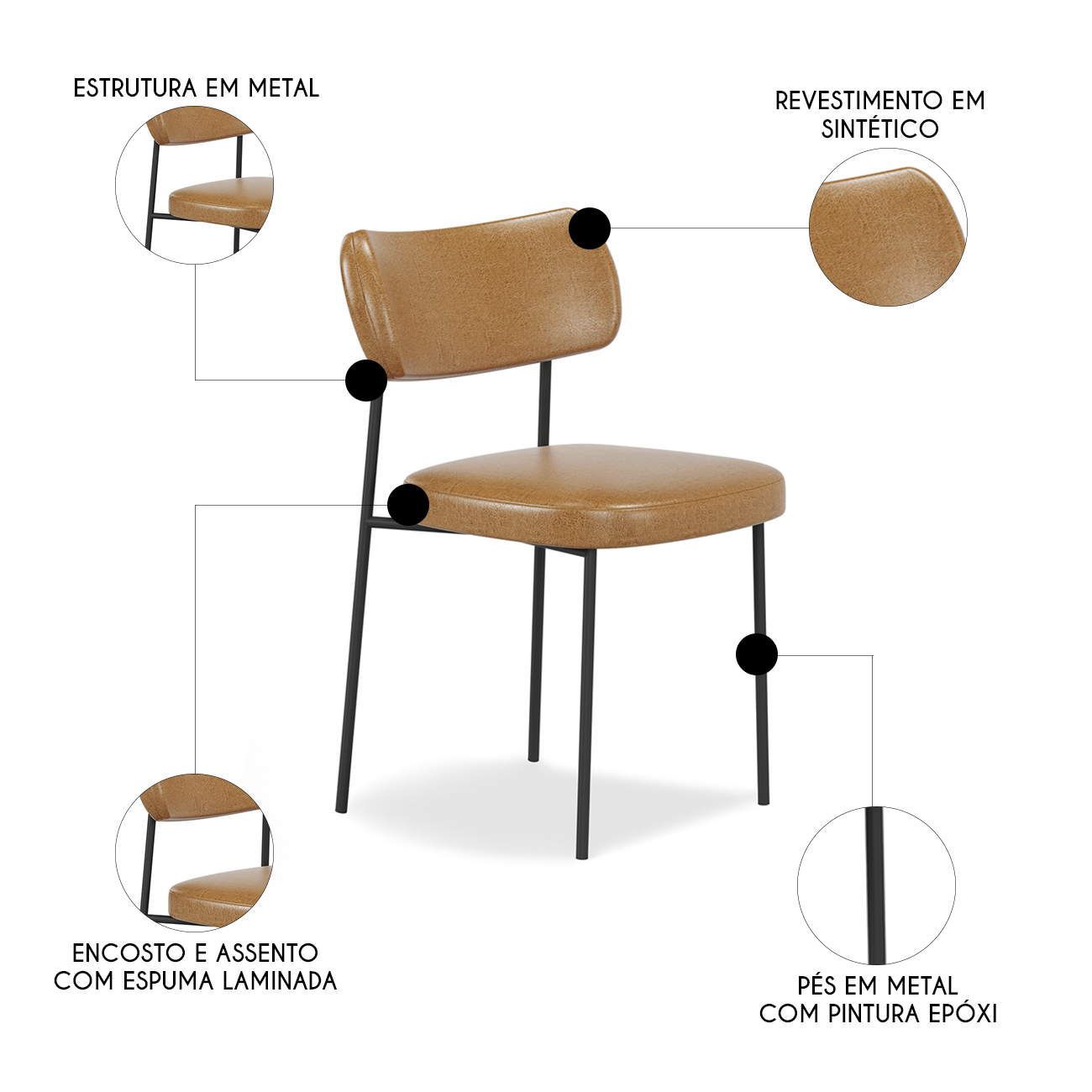 Cadeira de Jantar Estofada Kit 2 Milli A14 Sintético Caramelo - Mpozenato