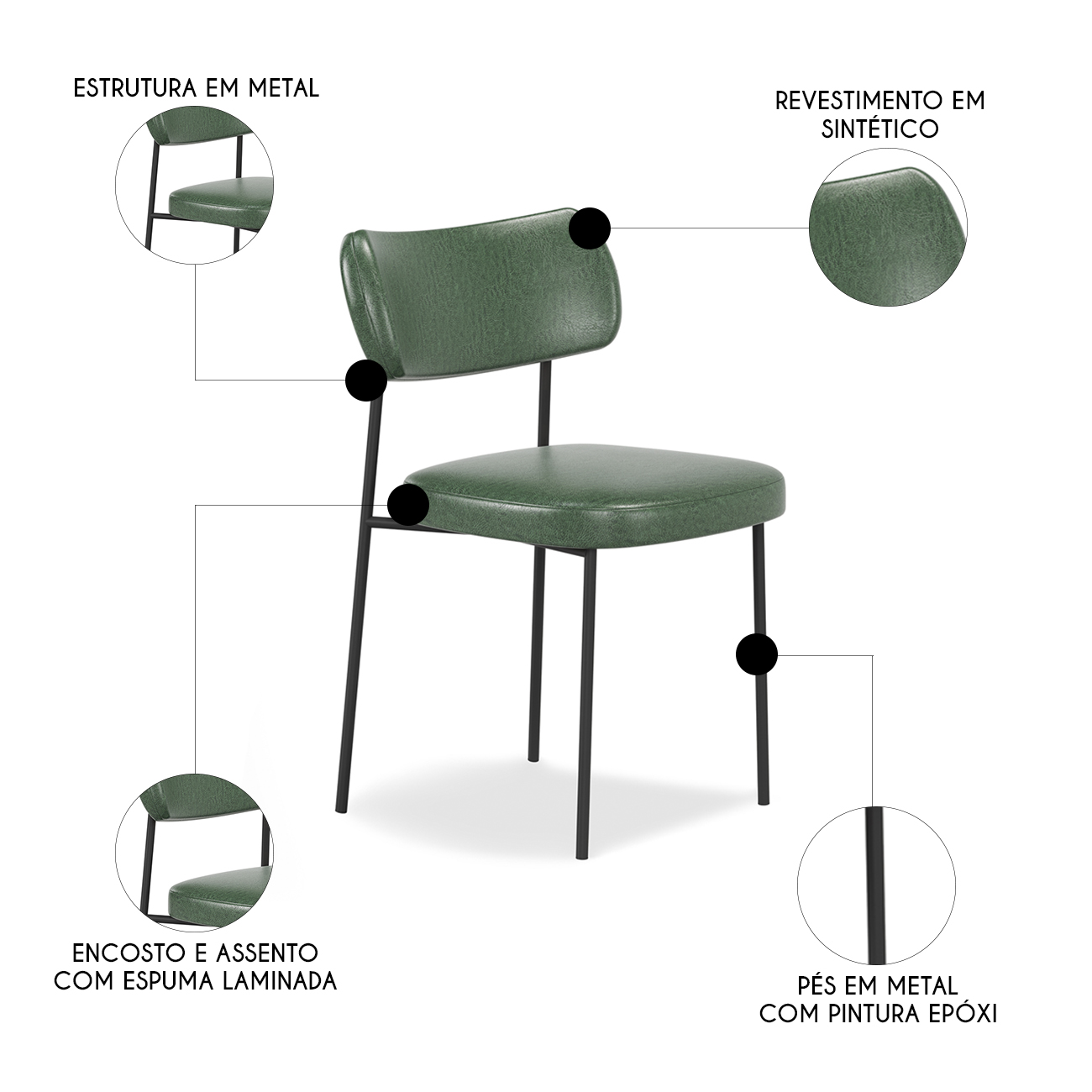 Cadeira de Jantar Estofada Kit 4 Milli A14 Sintético Verde Musgo - Mpozenato