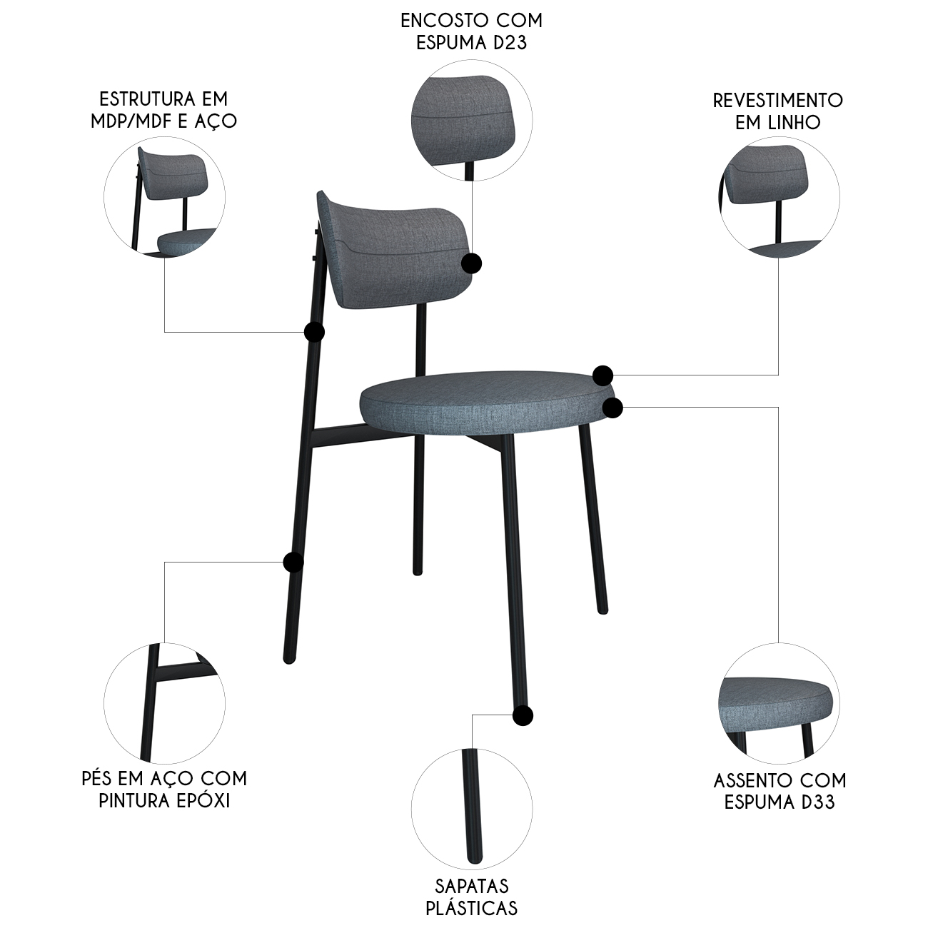 Cadeira de Jantar Estofada Kit 8 Nyka M25 Linho Cinza - Mpozenato