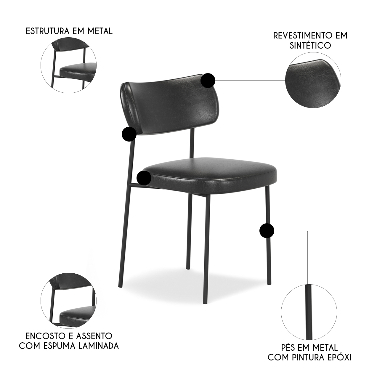Cadeira de Jantar Estofada Milli A14 Sintético Preto - Mpozenato