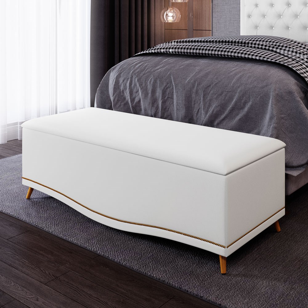 Calçadeira Baú Casal 140cm com Tachas Imperial J02 Sintético Branco - Mpozenato