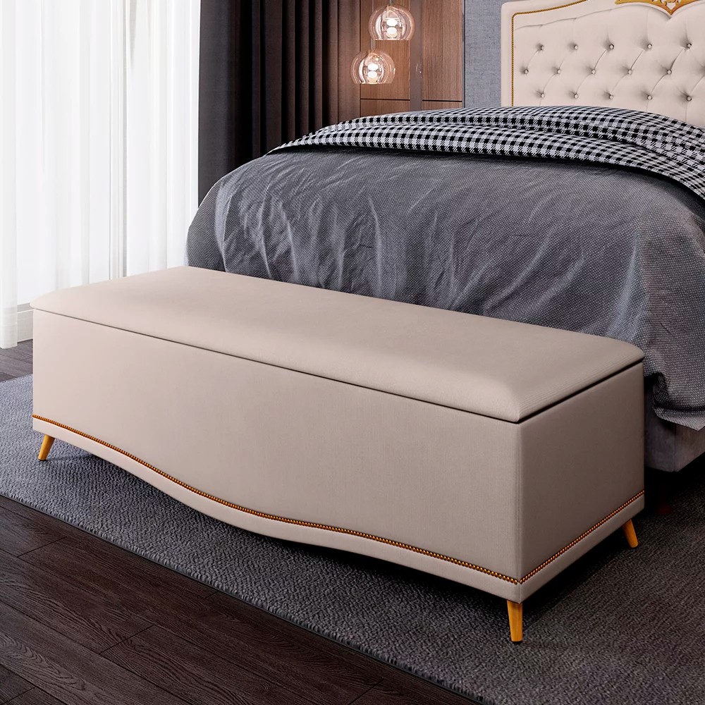 Calçadeira Baú Casal Queen 160cm com Tachas Imperial Veludo J02 Bege - Mpozenato