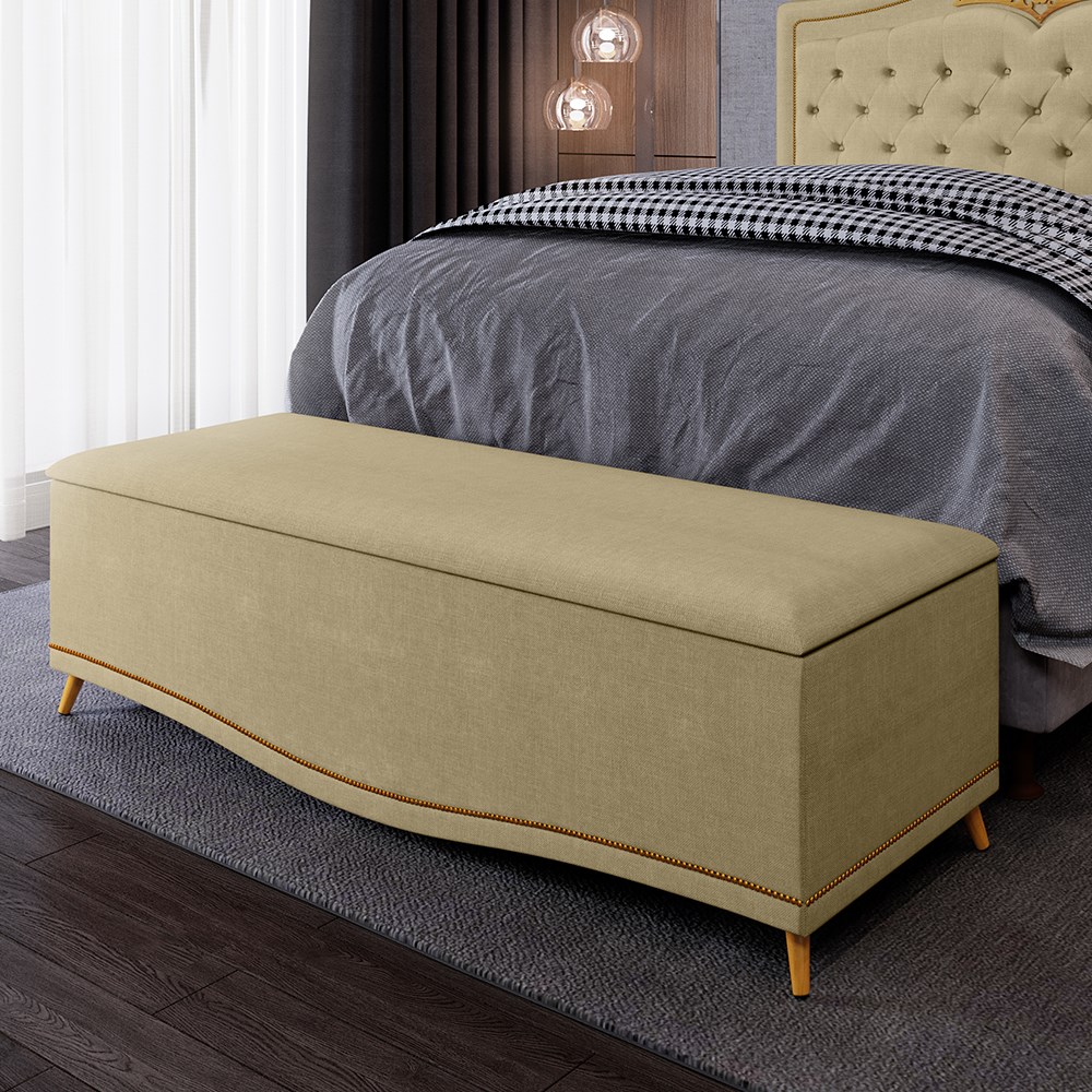 Calçadeira Baú King 195cm com Tachas Imperial J02 Linho Areia - Mpozenato