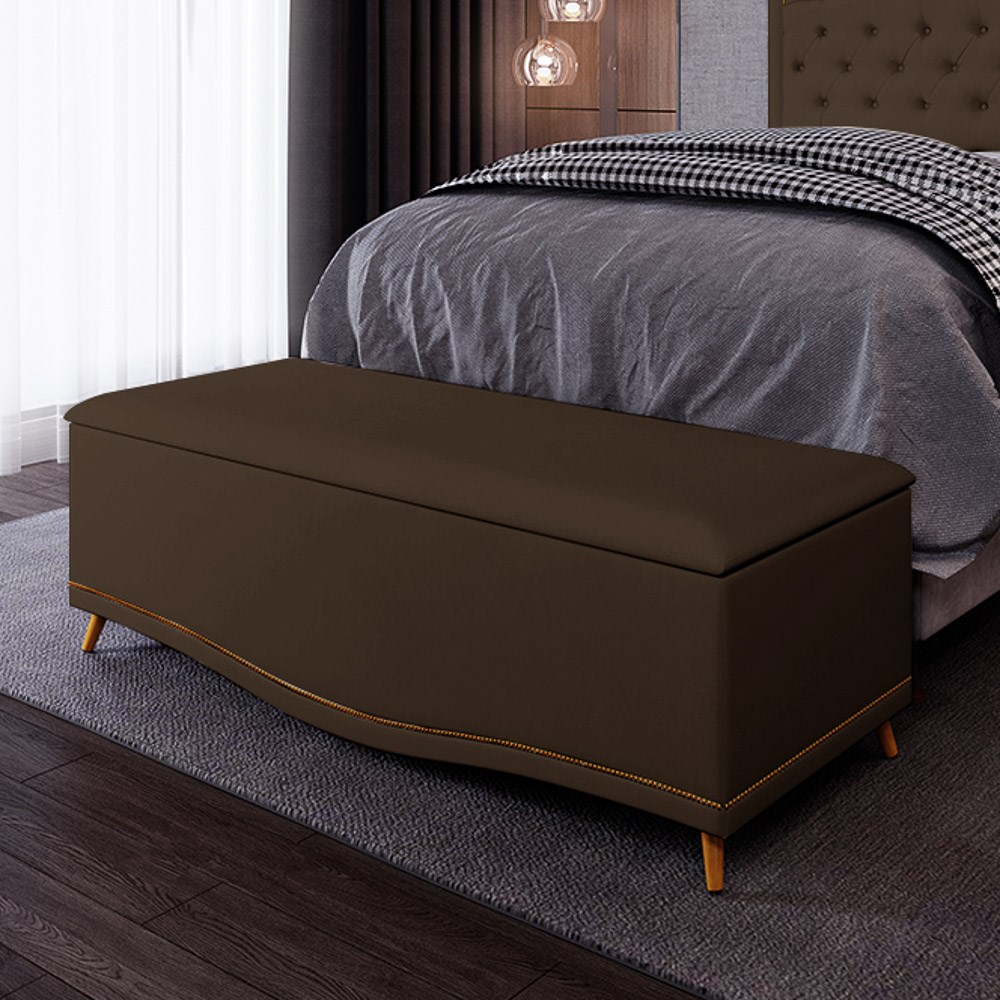 Calçadeira Baú King 195cm com Tachas Imperial J02 Veludo Chocolate - Mpozenato