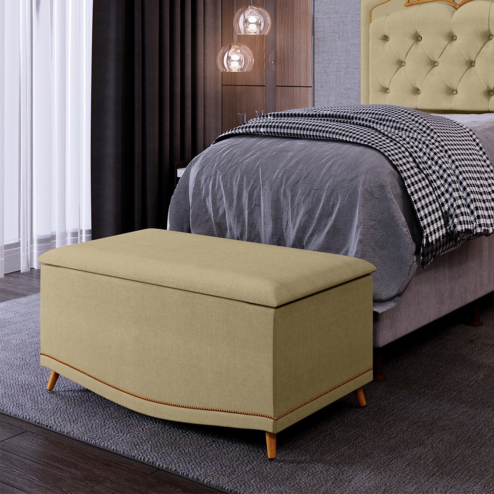Calçadeira Baú Solteiro 90cm com Tachas Imperial J02 Linho Areia - Mpozenato