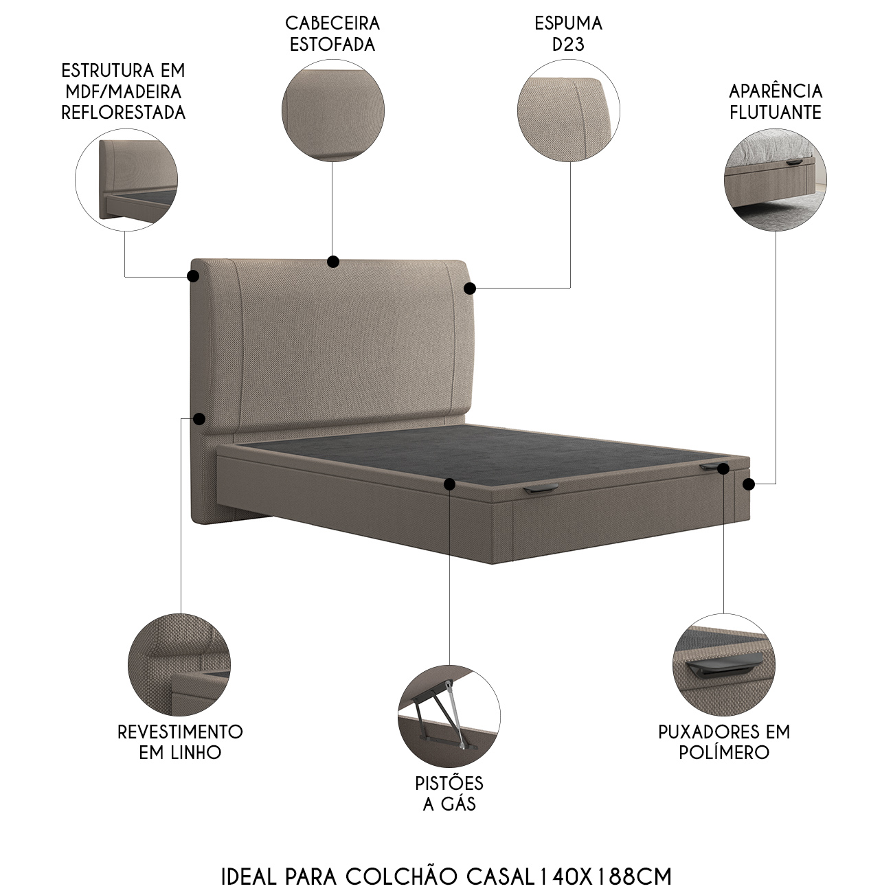 Cama Casal Flutuante Baú Cabeceira 140cm Fly S05 Linho Bege - Mpozenato