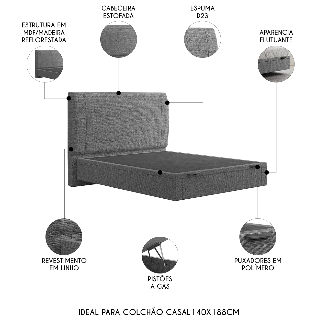 Cama Casal Flutuante Baú Cabeceira 140cm Fly S05 Linho Cinza - Mpozenato
