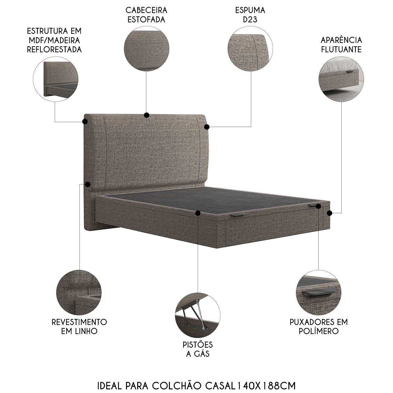 Cama Casal Flutuante Baú Cabeceira 140cm Fly S05 Linho Marrom - Mpozenato