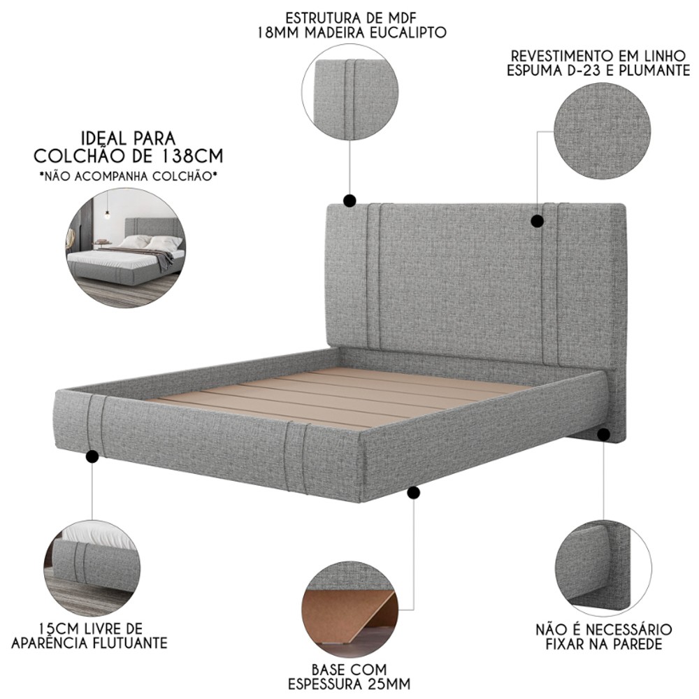 Cama Casal Flutuante Com Cabeceira 140cm Lyra S05 Linho Cinza - Mpozenato