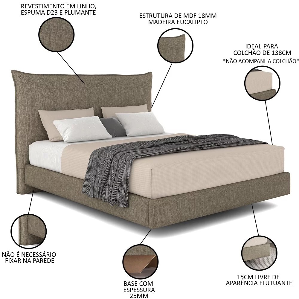 Cama Casal Flutuante Com Cabeceira 140cm Lyra S05 Linho Marrom - Mpozenato